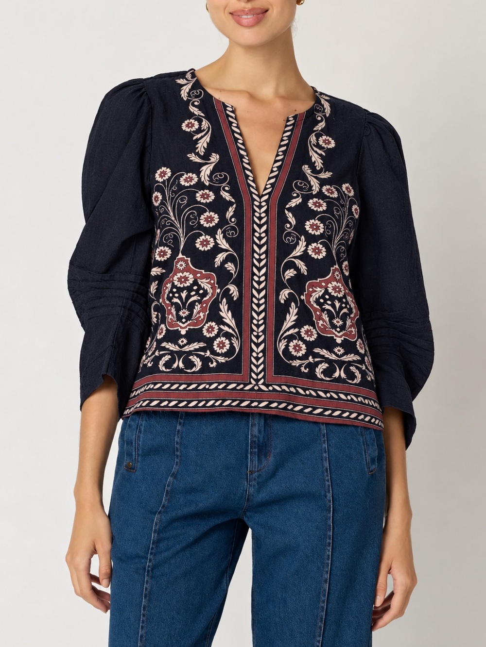 CLEOBELLA FARRAH BLOUSE Black & Rust Gathered Sleeves Cotton Linen NWOT Small